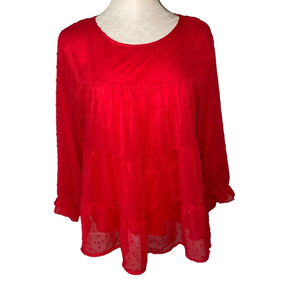 Pretty Garden Women’s Solid Red Long Sleeve Clip Dot Tiered Babydoll Blouse Sz M